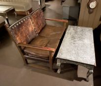1 x Antique Gothic Revival Wooden 2-Seater Bench Chair, Upholstered in Heavy Brown Leather + Table