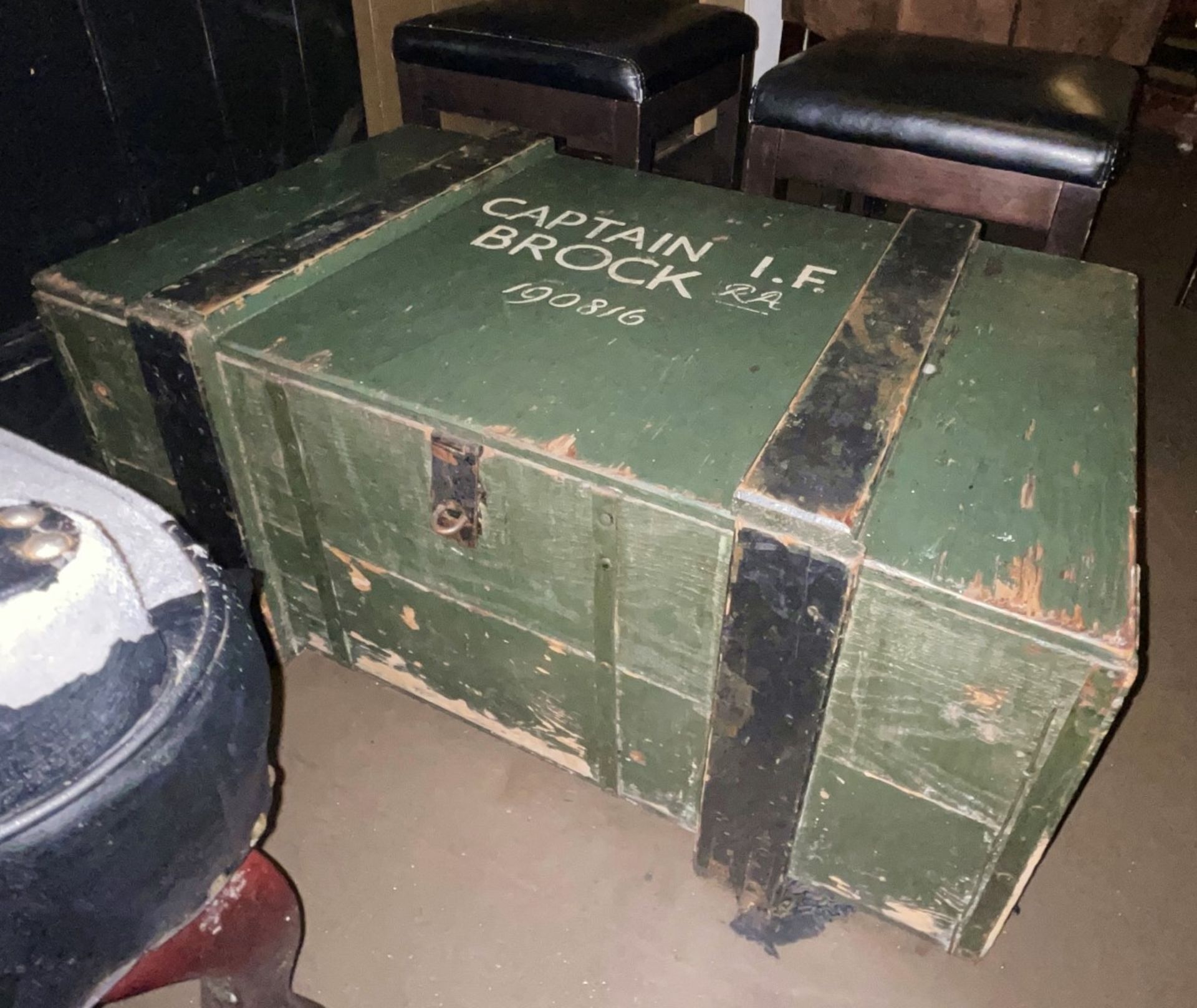 1 x Large Vintage Handcrafted Solid Timber Military Footlocker Chest Inscribed 'Captain I.F Brock' - Image 3 of 8