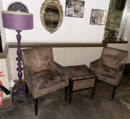 Period-Style 4-Piece Set Comprising 2 x Distressed Leather Armchairs, Table and Aubergine Floor Lamp