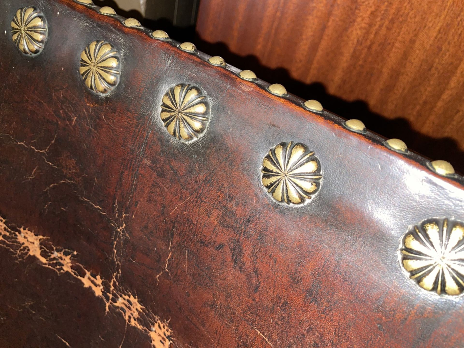 2 x Antique Gothic Revival Heavy Brown Leather Upholstered Wooden Armchairs, and Soap Box - Image 7 of 10