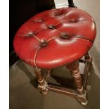 1 x Vintage Button-tufted Bar Stool Boasting Red Leather Upholstery and Solid Wood Legs