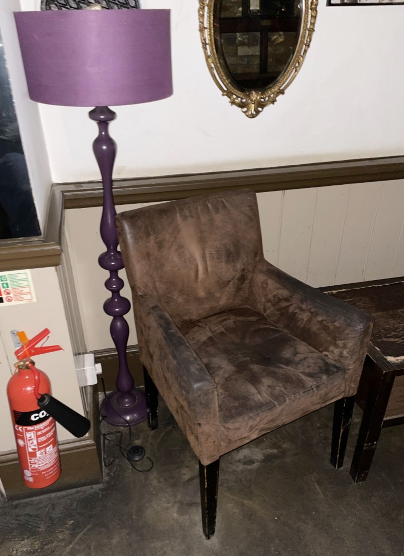 Period-Style 4-Piece Set Comprising 2 x Distressed Leather Armchairs, Table and Aubergine Floor Lamp - Image 2 of 7