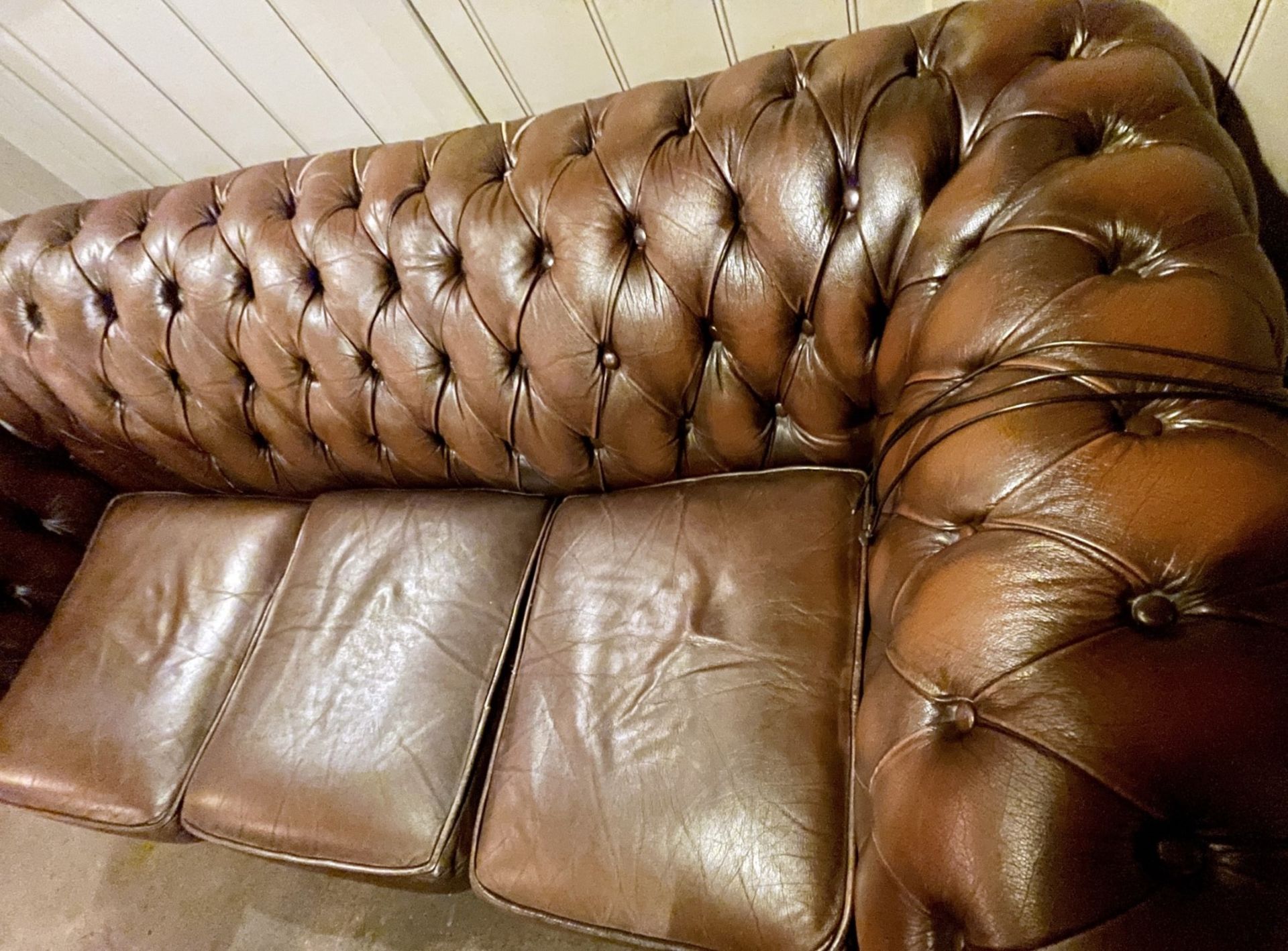 1 x Vintage Premium Handmade Brown Leather Button-back Chesterfield 3-Seater Studded Sofa - Image 4 of 8