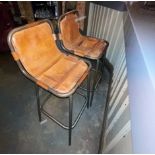 2 x Vintage Charlotte Perriand Les Arc-style Leather and Metal Bar Stools