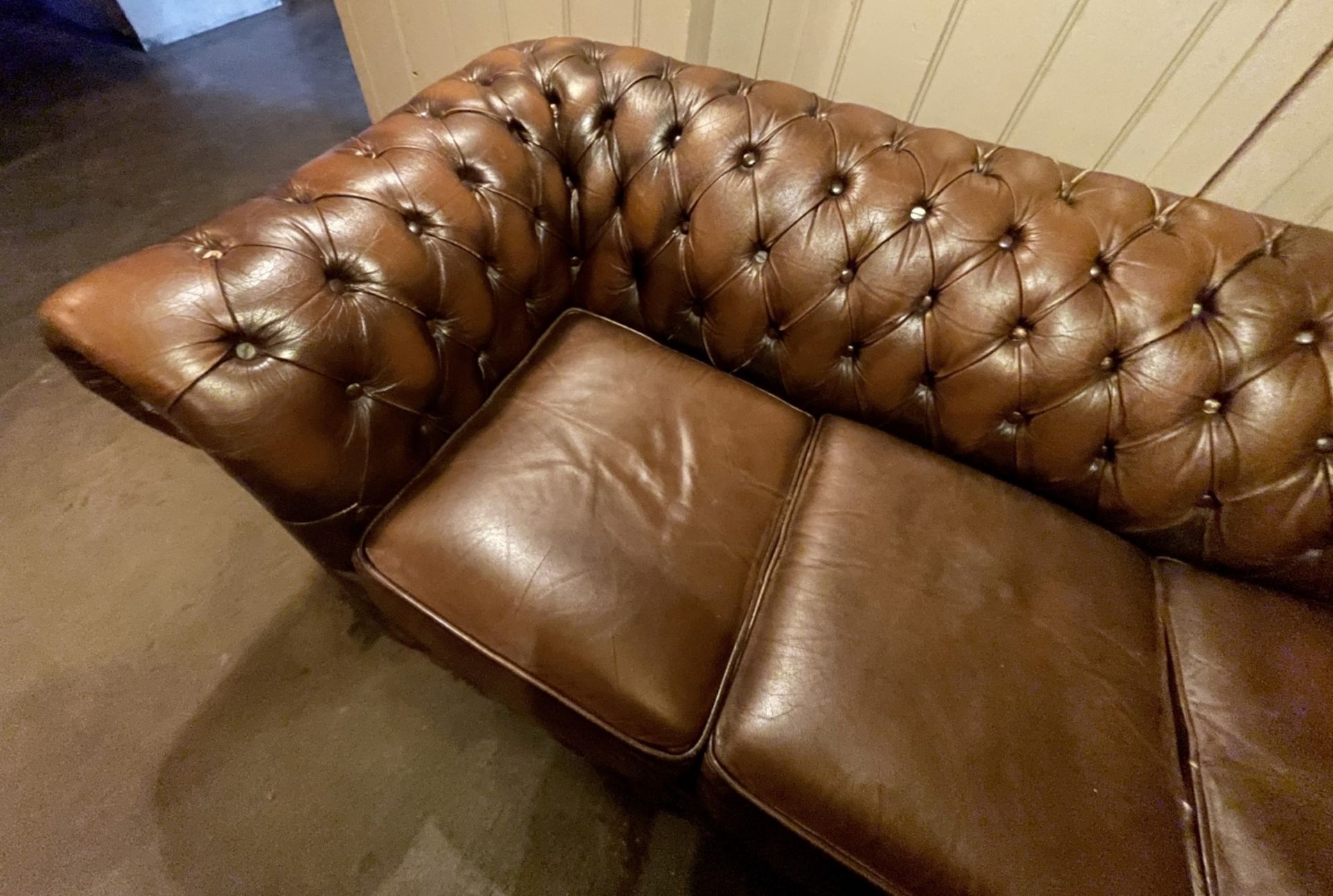 1 x Vintage Premium Handmade Brown Leather Button-back Chesterfield 3-Seater Studded Sofa - Image 2 of 8