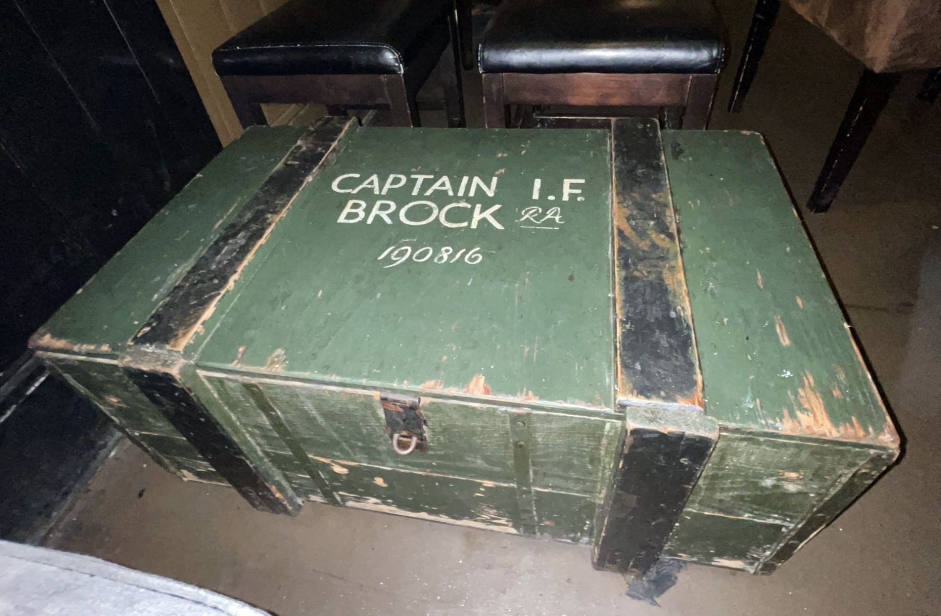 1 x Large Vintage Handcrafted Solid Timber Military Footlocker Chest Inscribed 'Captain I.F Brock' - Image 2 of 8