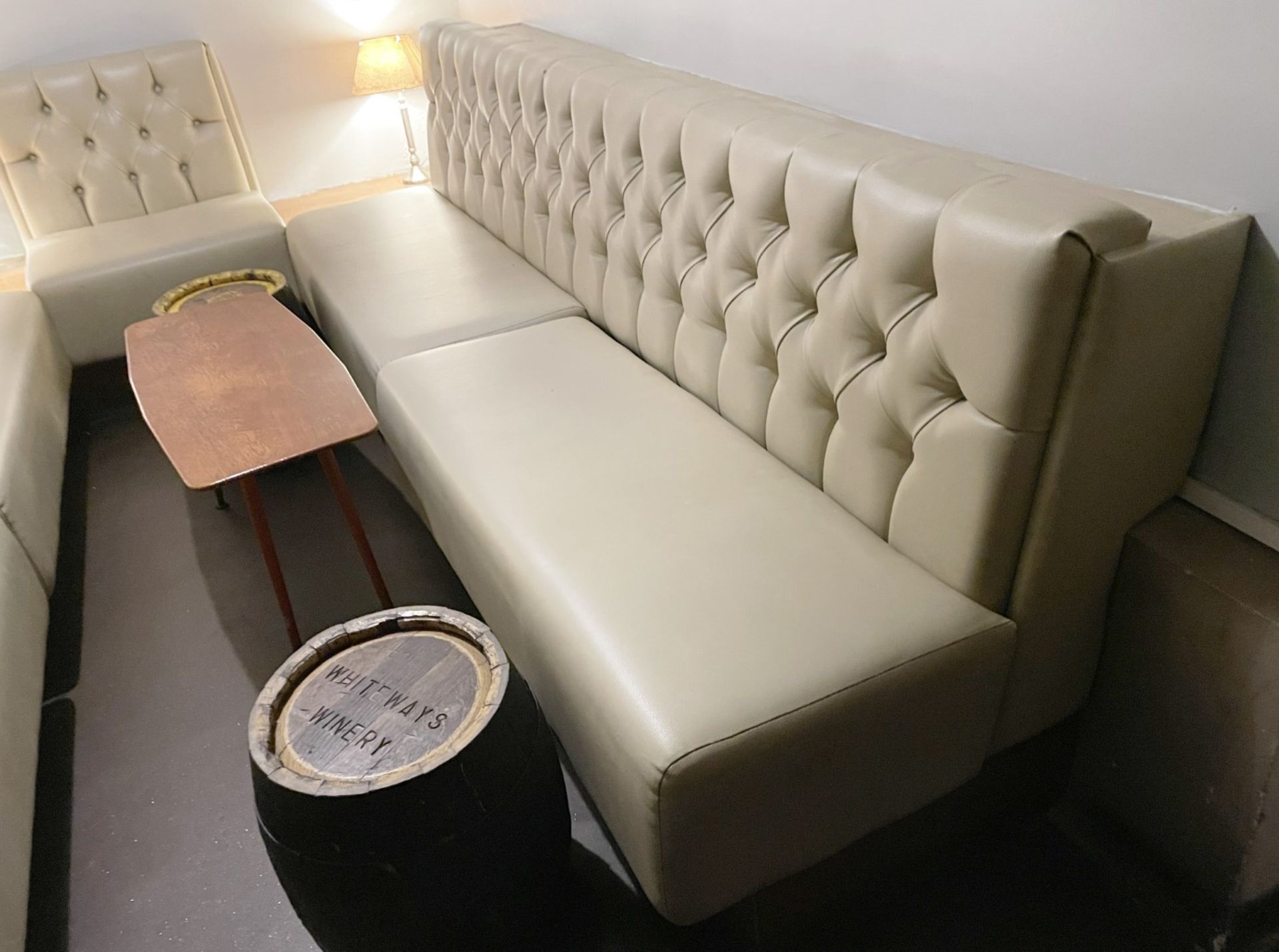 5 x Sections of Button Back Banquette Booth Seating Upholstered in a Cream Faux Leather - Image 2 of 6