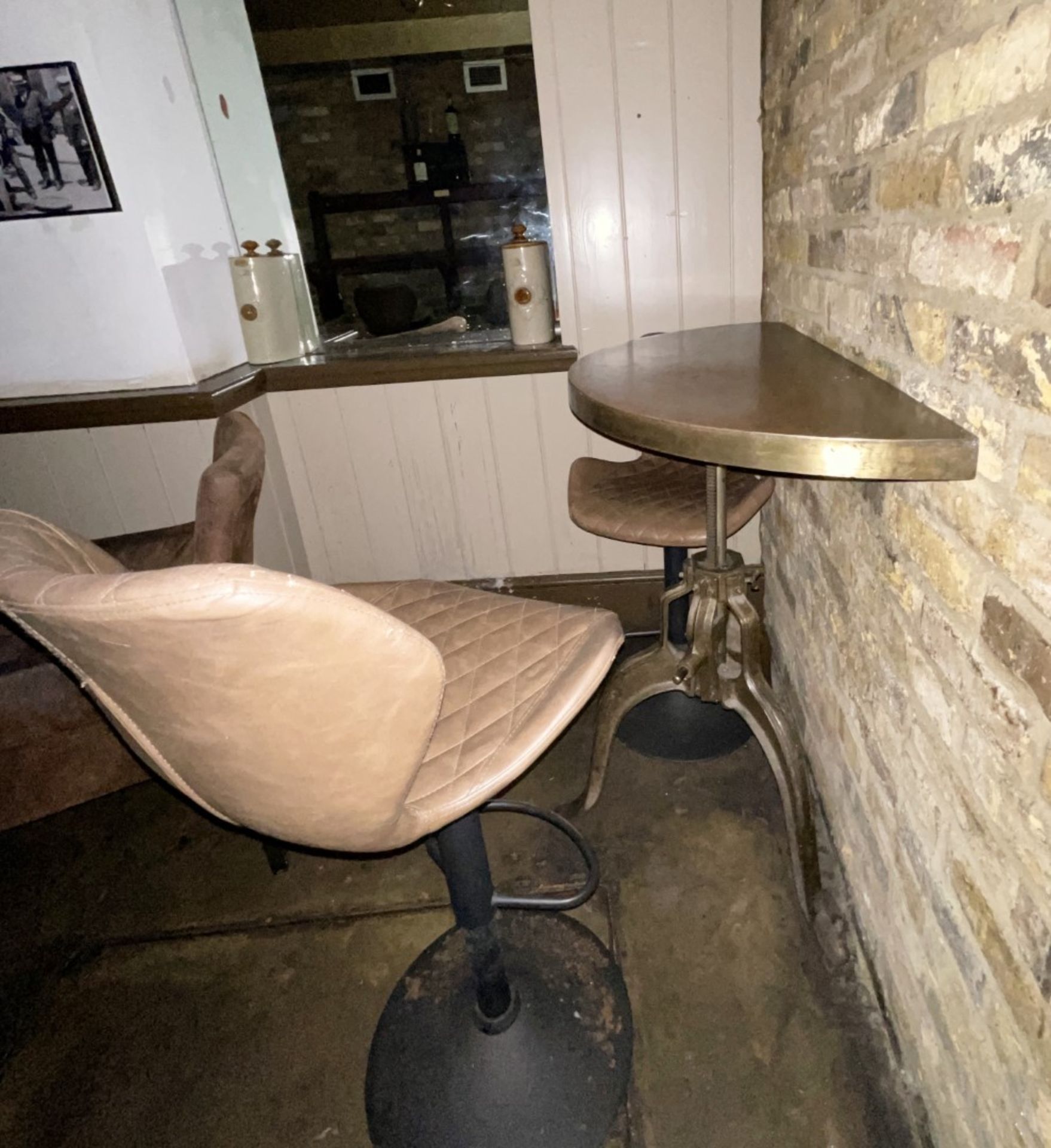 1 x Half-moon Industrial-style Wall Mounted Metal Topped Bar Table and 2 x Upholstered Bar Stools - Image 11 of 11