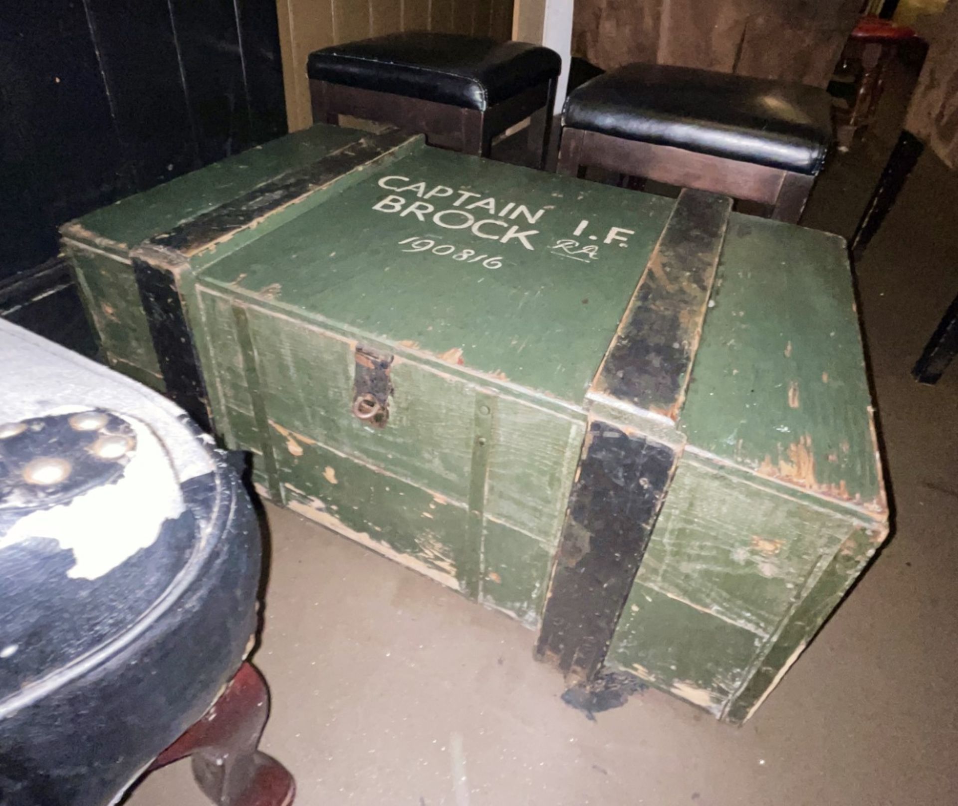 1 x Large Vintage Handcrafted Solid Timber Military Footlocker Chest Inscribed 'Captain I.F Brock' - Image 4 of 8