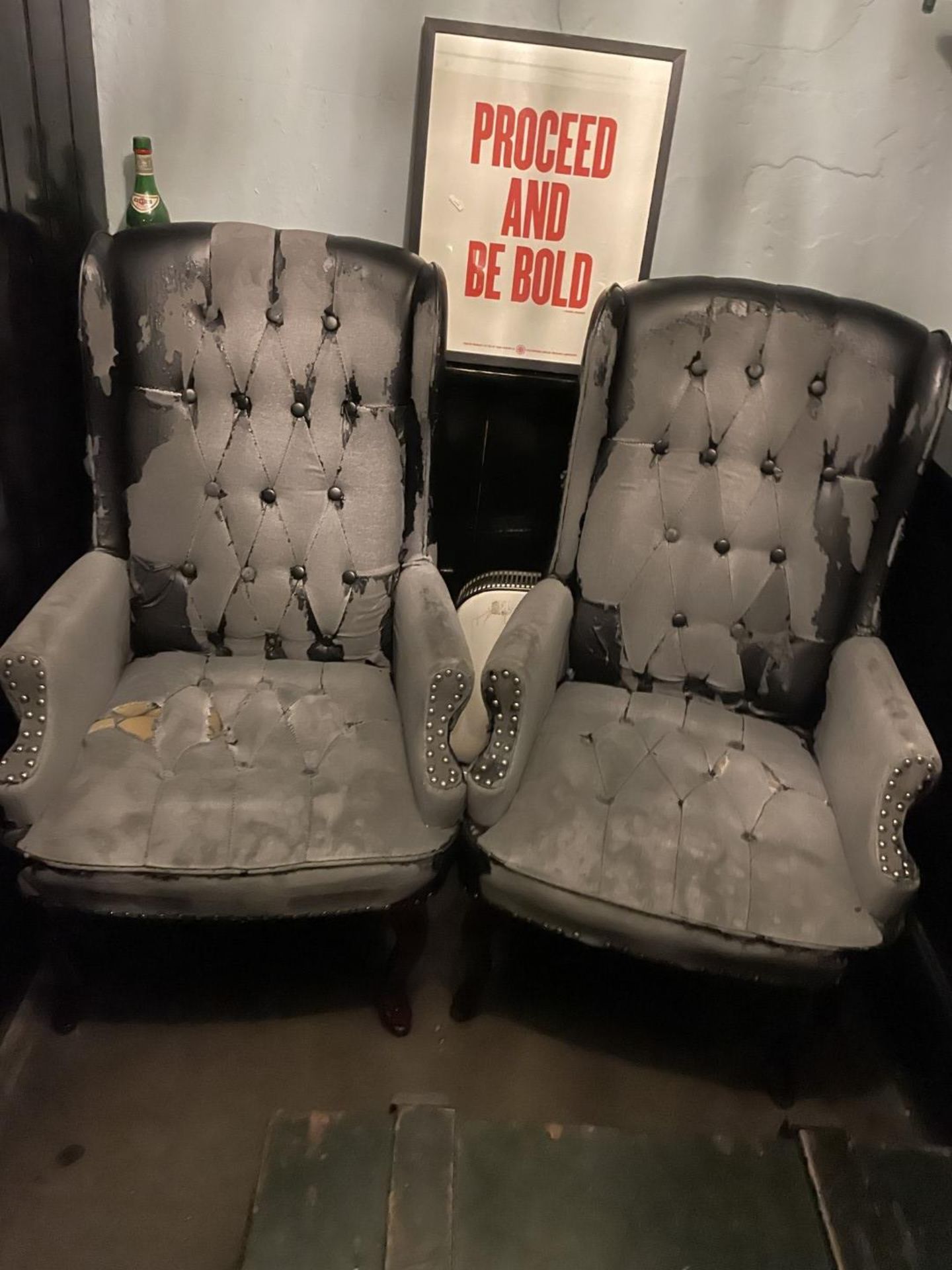 2 x Large Black & Grey Vintage-style Distressed Buttoned Wingback Armchairs - Image 2 of 9