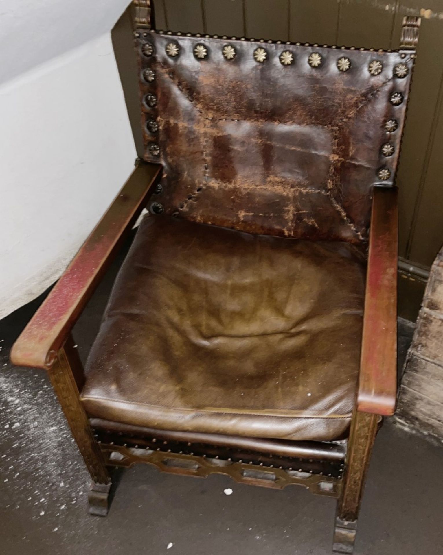 2 x Antique Gothic Revival Heavy Brown Leather Upholstered Wooden Armchairs, and Soap Box - Image 10 of 10