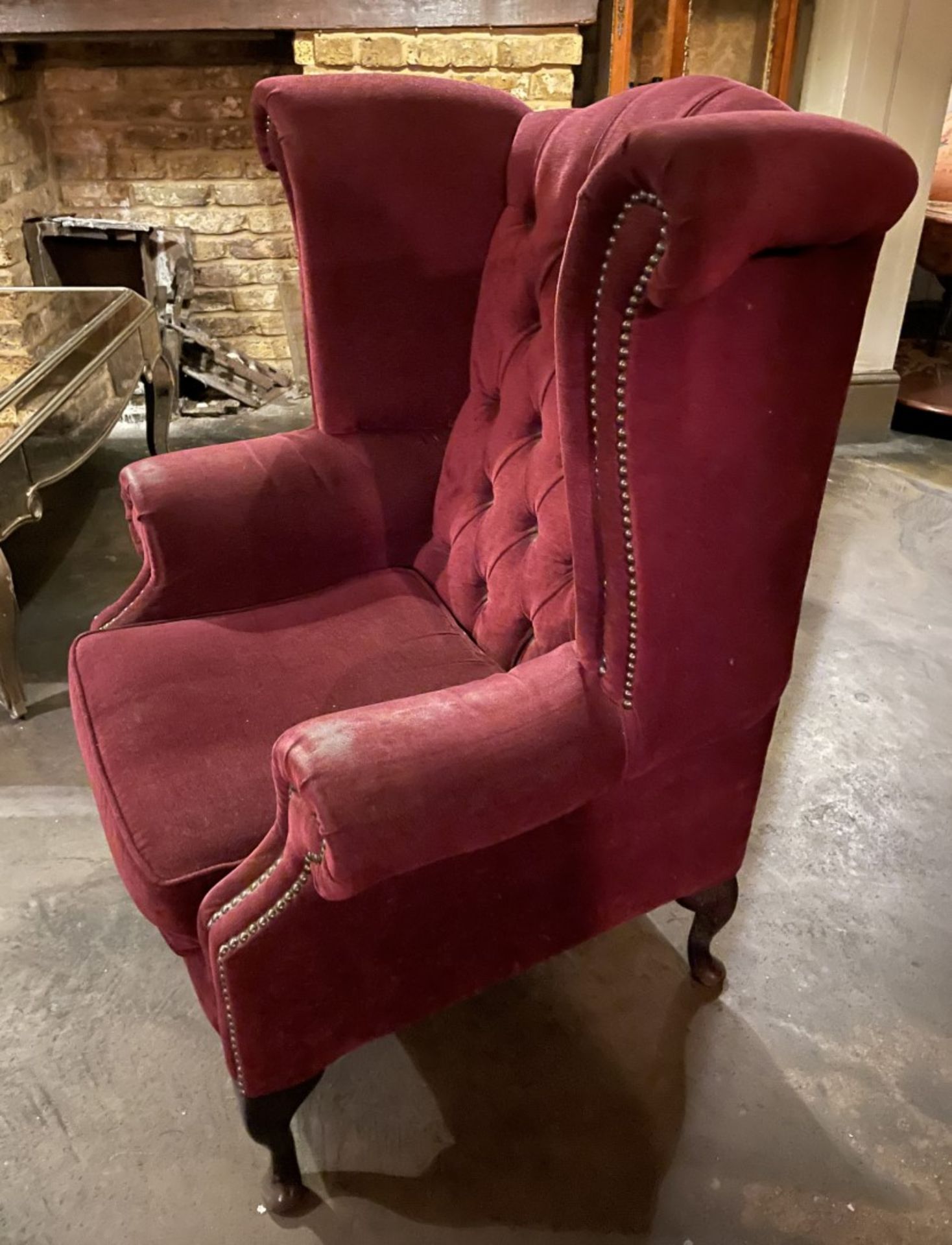 1 x Period-style Distressed Chesterfield Queen Anne High Button-Tufted Wing Back Armchair in Red - Image 2 of 9