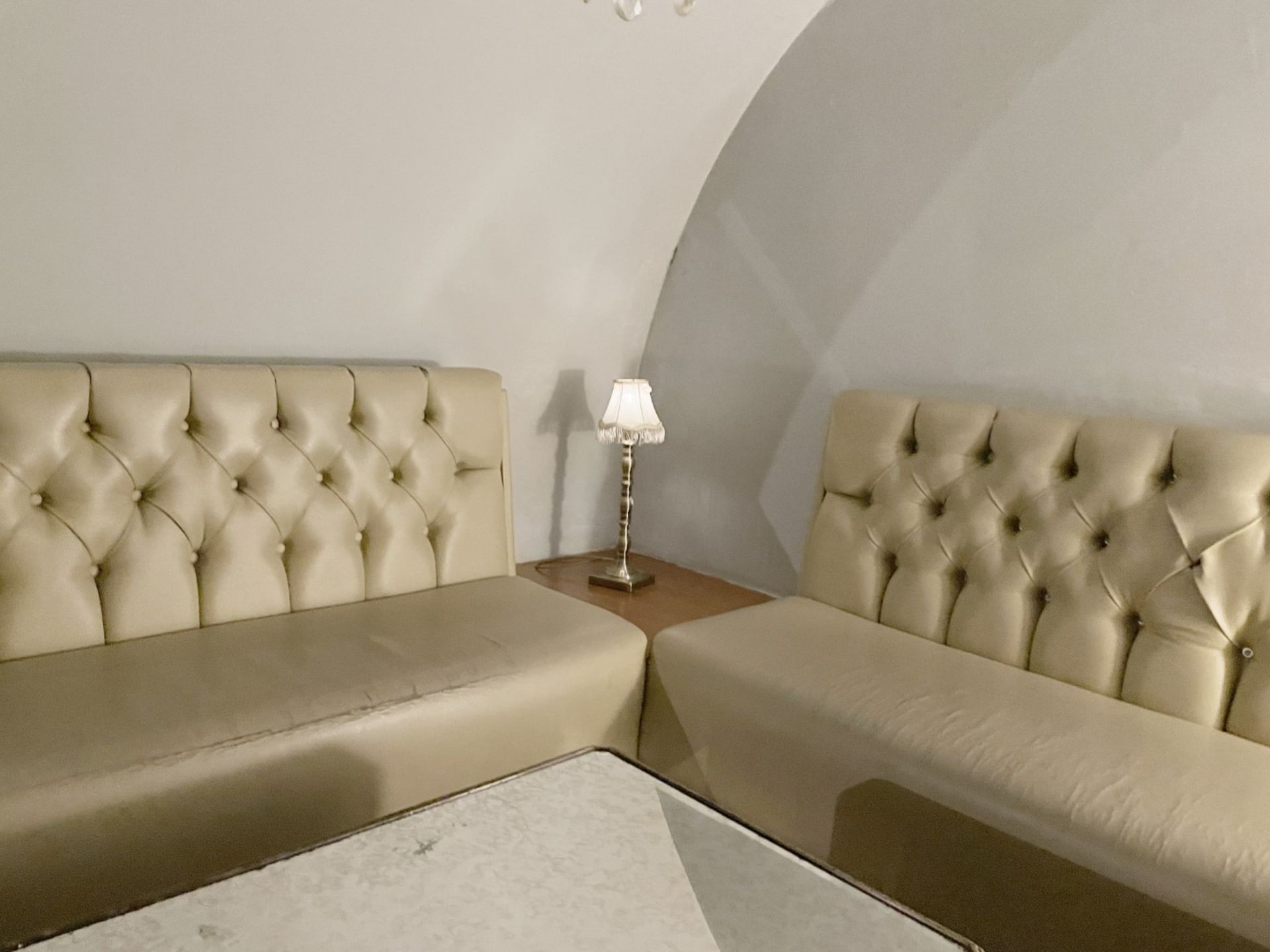 3 x Long Sections of Button Back Banquette Booth Seating Upholstered in a Cream Faux Leather - Image 7 of 8