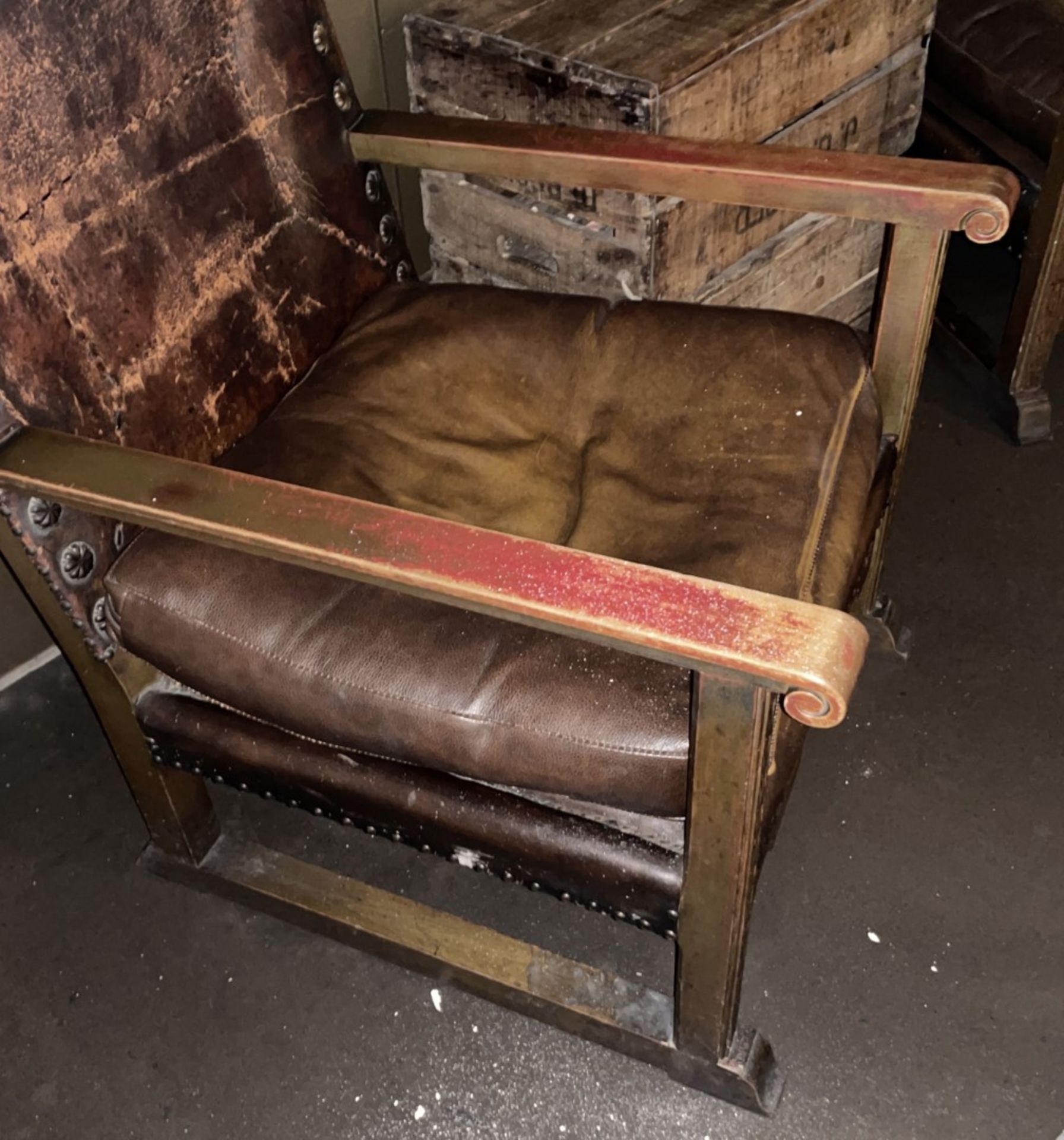 2 x Antique Gothic Revival Heavy Brown Leather Upholstered Wooden Armchairs, and Soap Box - Image 9 of 10
