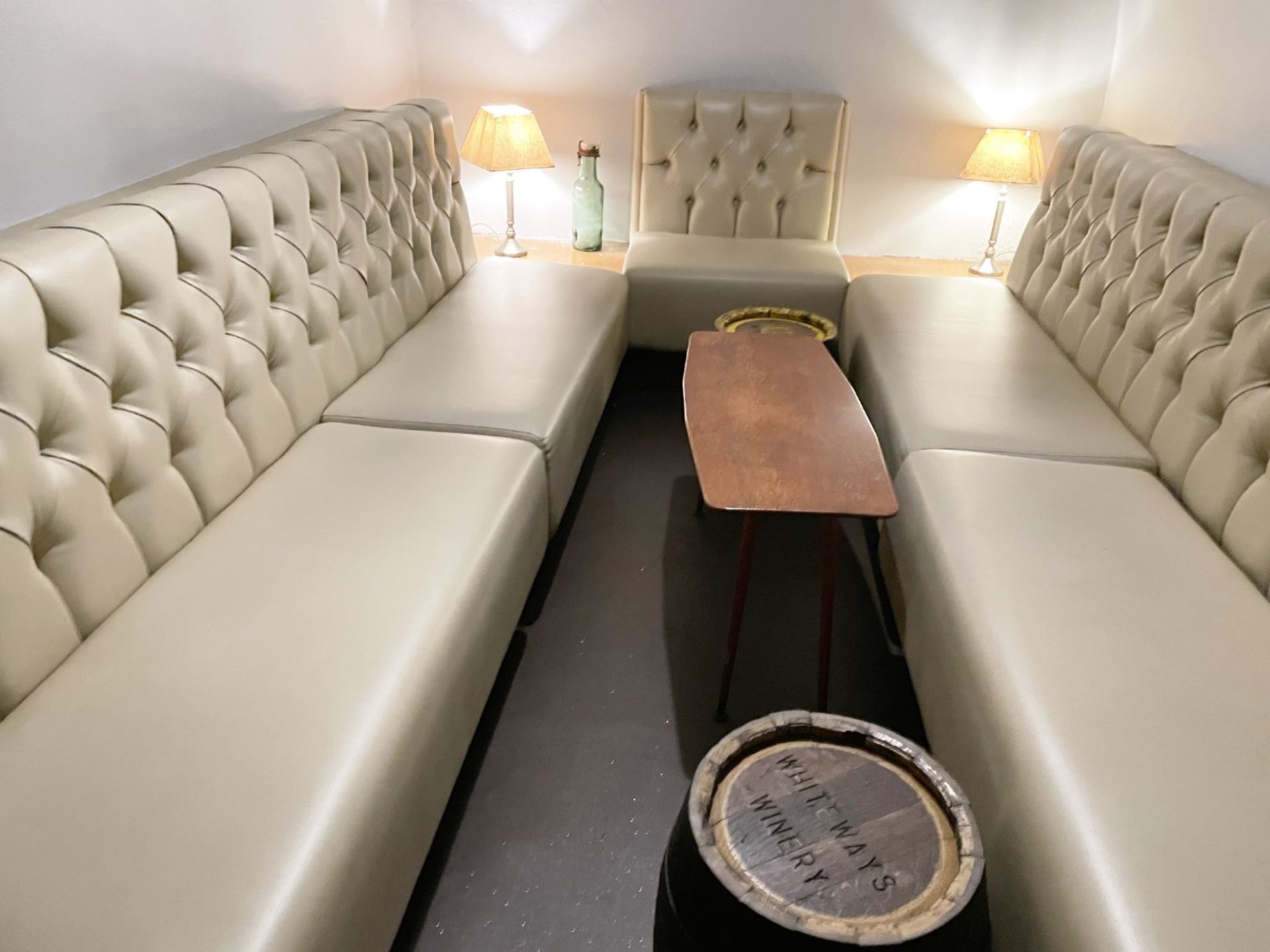 5 x Sections of Button Back Banquette Booth Seating Upholstered in a Cream Faux Leather - Image 5 of 6