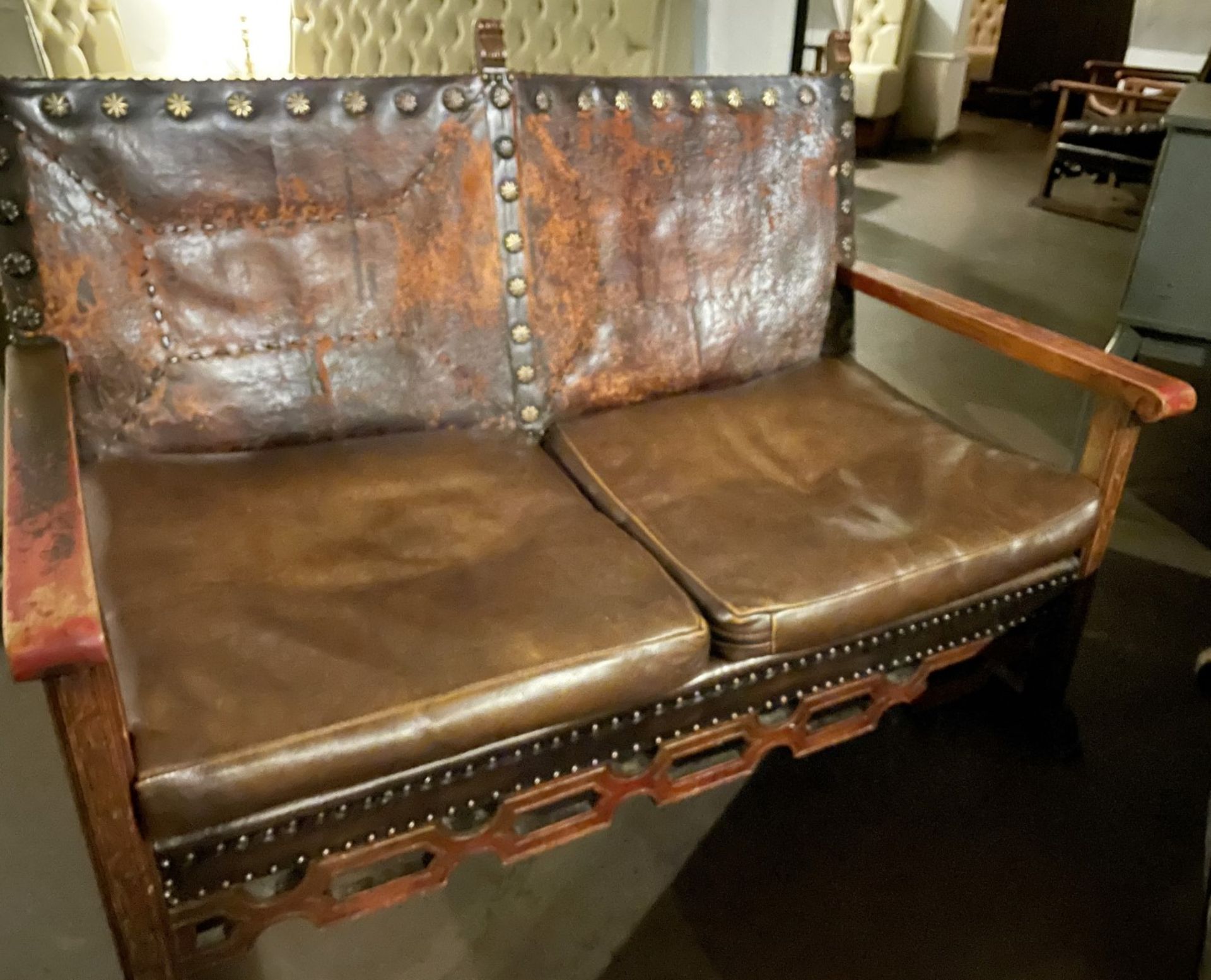 1 x Antique Gothic Revival Wooden 2-Seater Bench Chair, Upholstered in Heavy Brown Leather + Table - Image 3 of 15