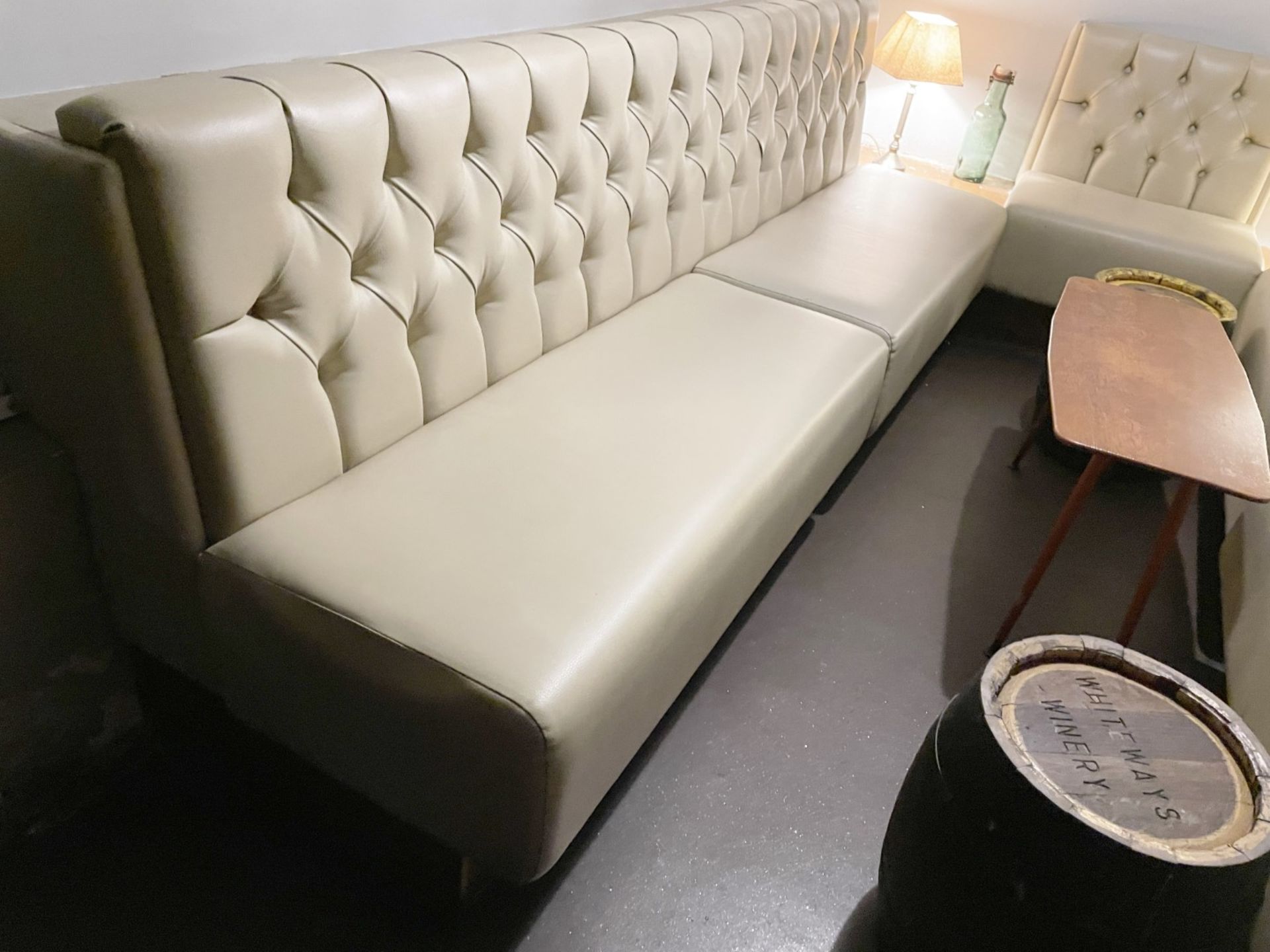 5 x Sections of Button Back Banquette Booth Seating Upholstered in a Cream Faux Leather - Image 3 of 6