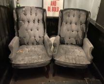 2 x Large Black & Grey Vintage-style Distressed Buttoned Wingback Armchairs