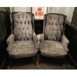 2 x Large Black & Grey Vintage-style Distressed Buttoned Wingback Armchairs