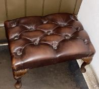 1 x Vintage Chesterfield Low Rectangular Footstool, In Brown Leather with Mahogany Queen Anne Legs
