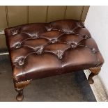 1 x Vintage Chesterfield Low Rectangular Footstool, In Brown Leather with Mahogany Queen Anne Legs