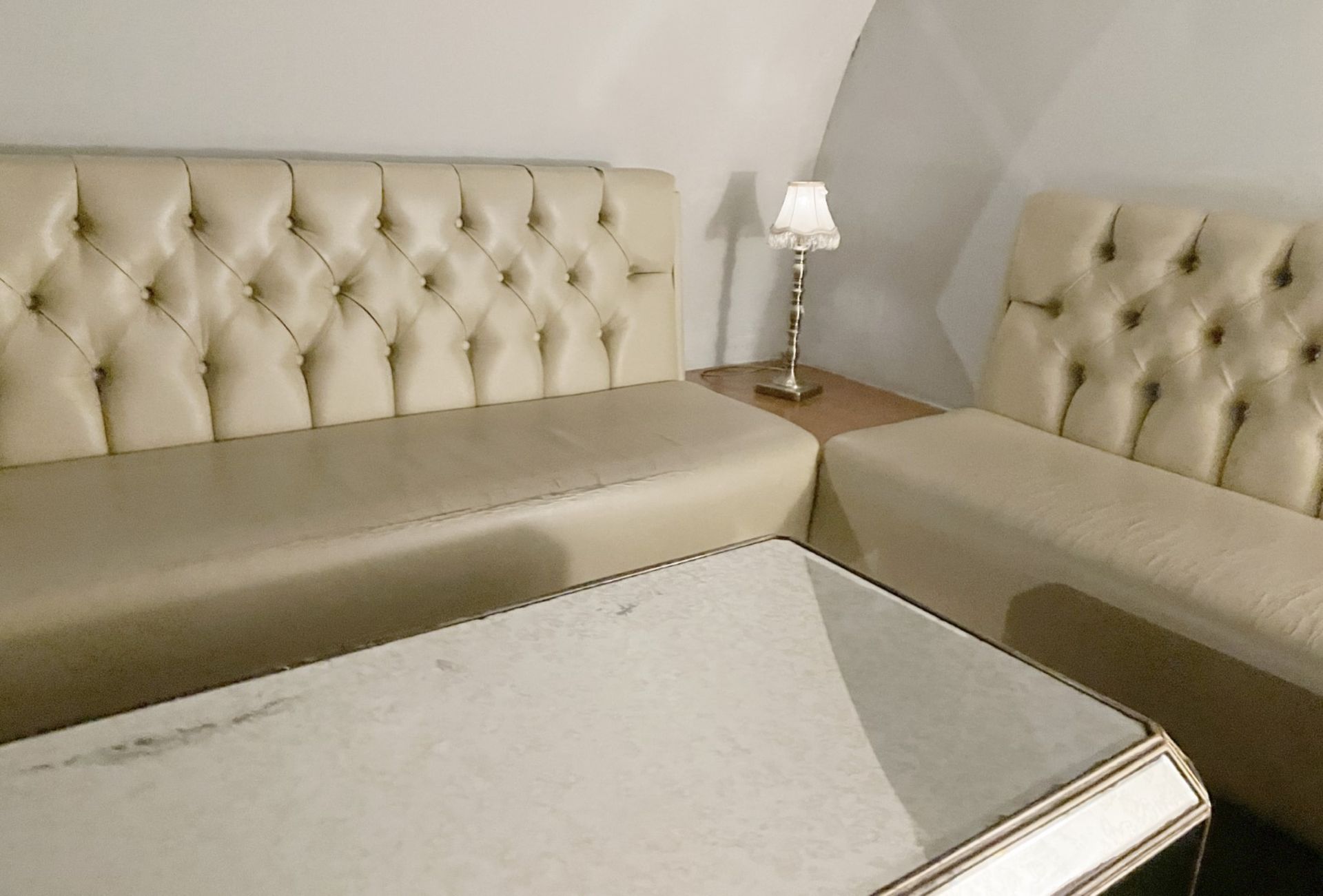 3 x Long Sections of Button Back Banquette Booth Seating Upholstered in a Cream Faux Leather - Image 3 of 8