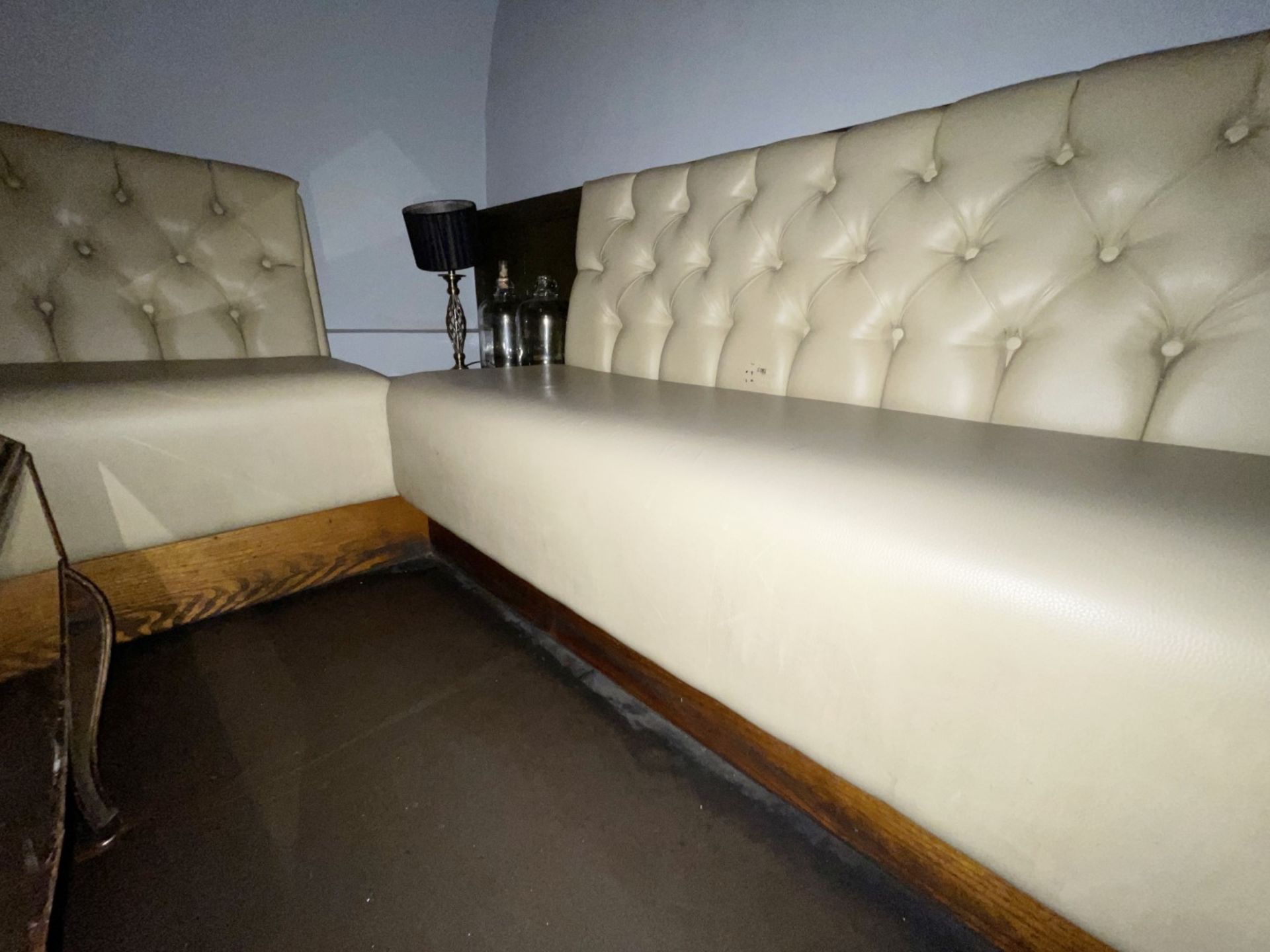 5 x Sections of Commercial Button Back Banquette Booth Seating Upholstered in a Cream Faux Leather - Image 11 of 14