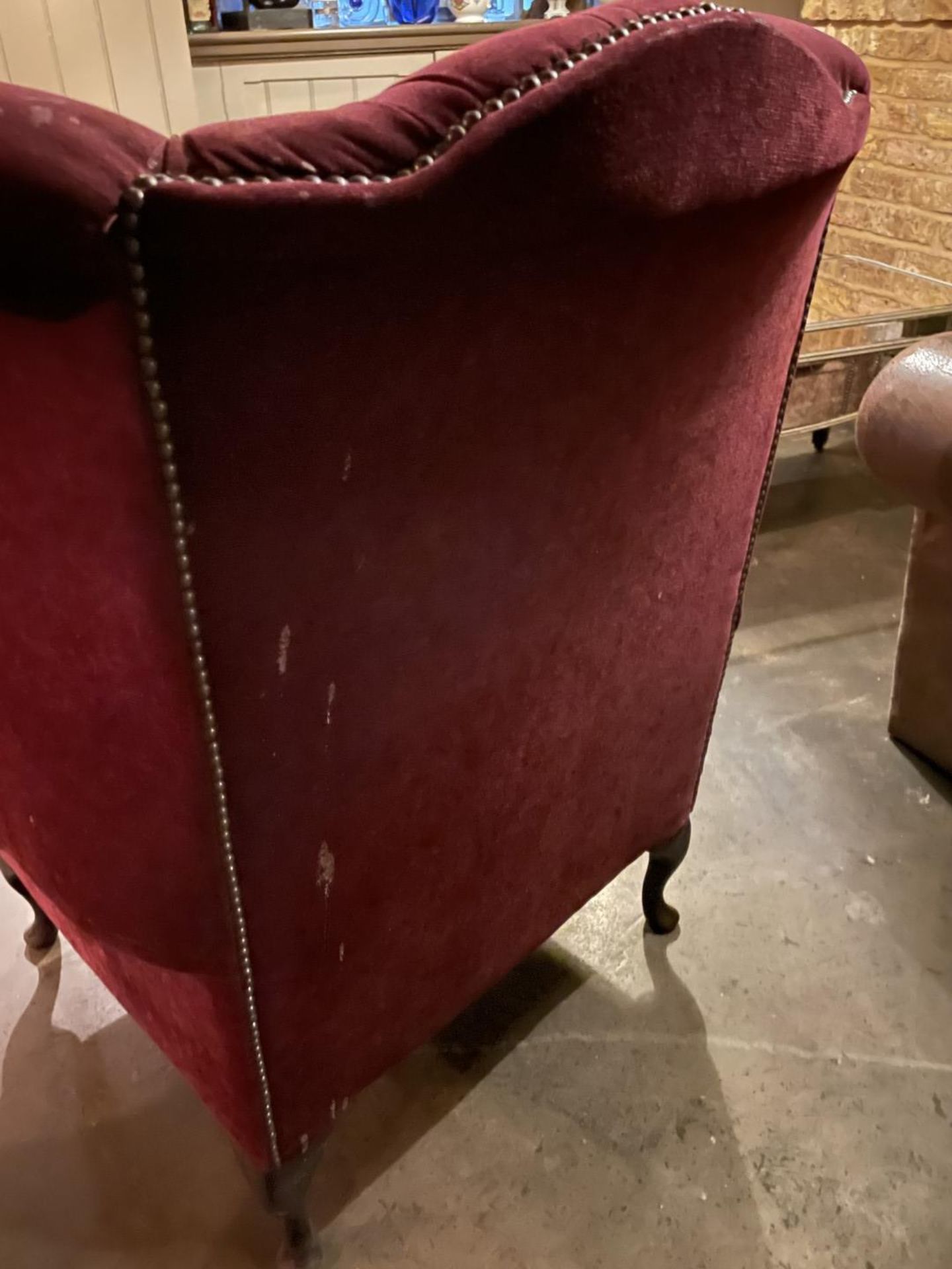 1 x Period-style Distressed Chesterfield Queen Anne High Button-Tufted Wing Back Armchair in Red - Image 6 of 9