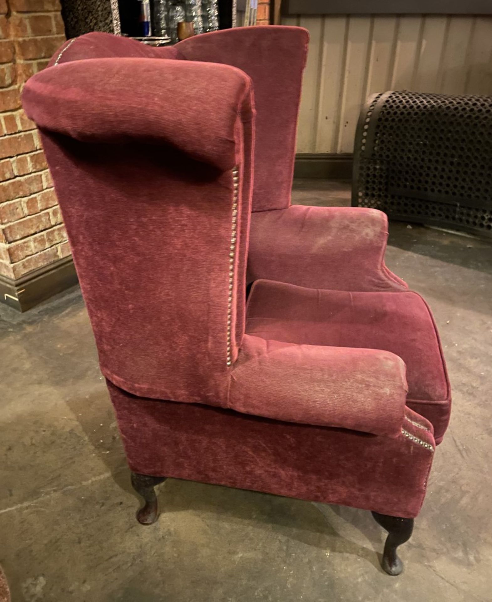 1 x Period-style Distressed Chesterfield Queen Anne High Button-Tufted Wing Back Armchair in Red - Image 8 of 9