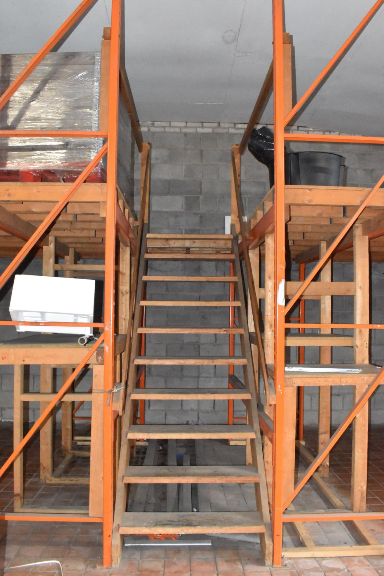 1 x Mezzanine Floor Construction of Steel Racking and Timber - Includes Staircase - Size: W11m x D3m - Image 13 of 18