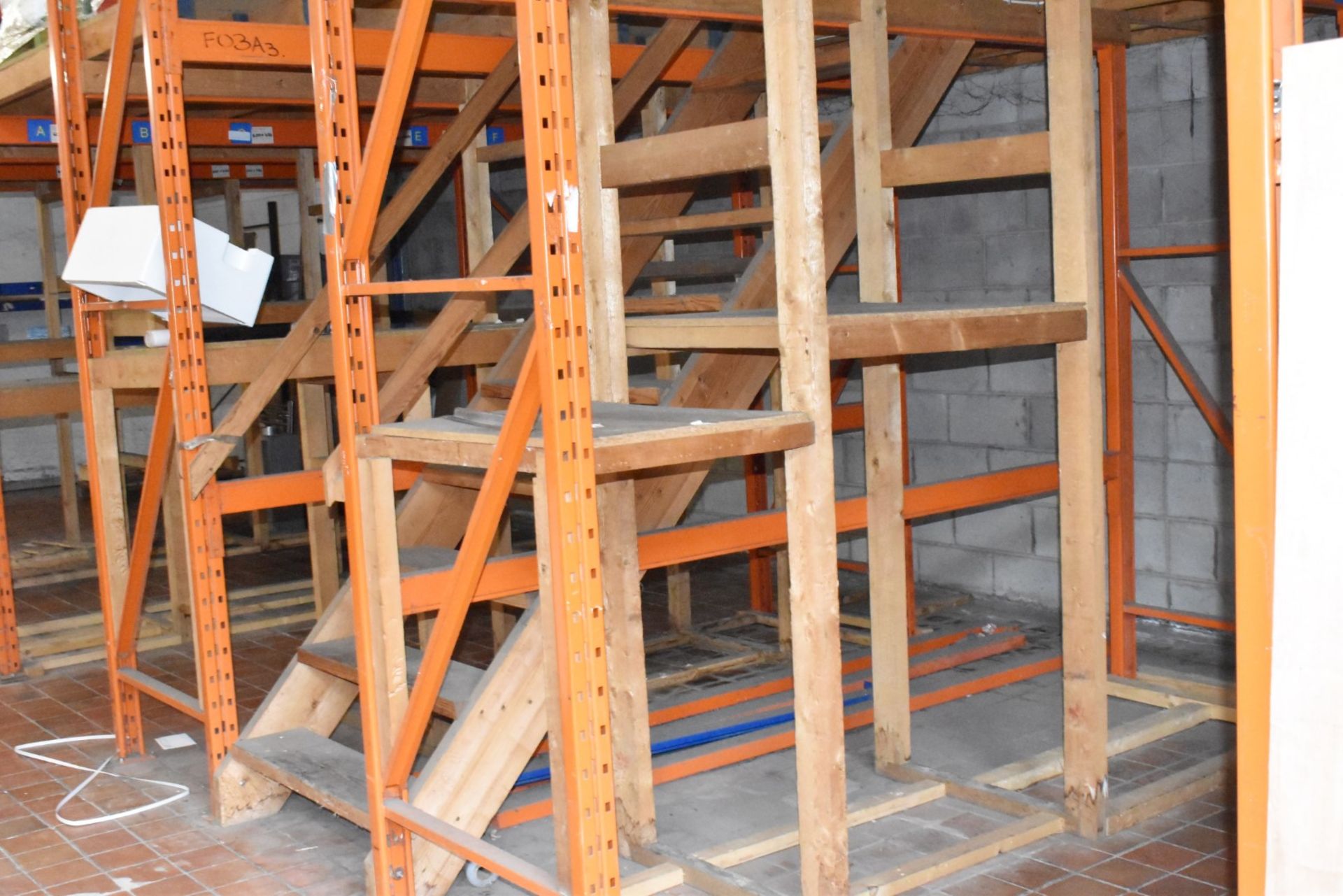 1 x Mezzanine Floor Construction of Steel Racking and Timber - Includes Staircase - Size: W11m x D3m - Image 16 of 18