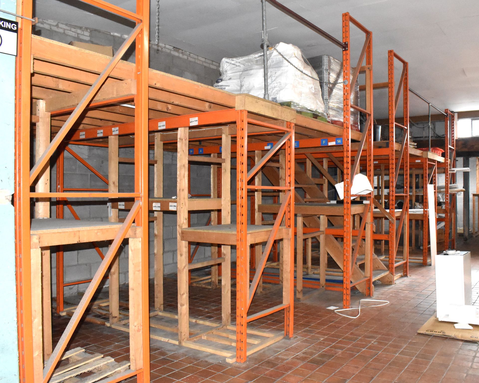 1 x Mezzanine Floor Construction of Steel Racking and Timber - Includes Staircase - Size: W11m x D3m