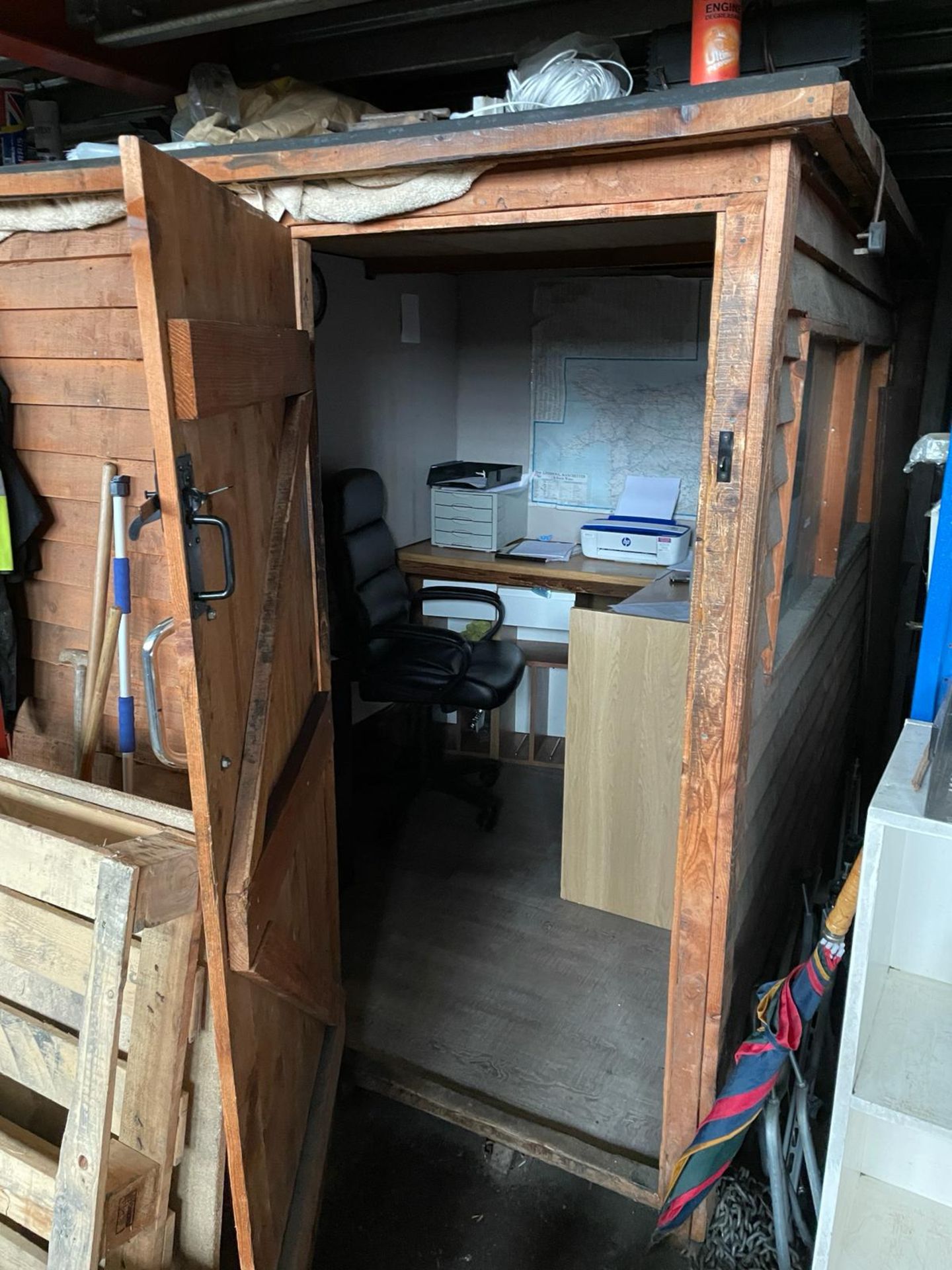 1 x Wooden Shed Office Conversion - Used Indoors Only - With a Heater, Office Furniture and Plugs - Image 4 of 30