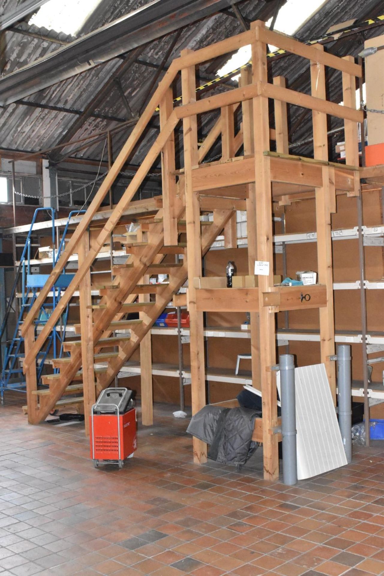 1 x Mezzanine Floor Over a Large Collection of Shelving With Timber Staircase - Size: 3m x 12m x 9m - Image 20 of 38