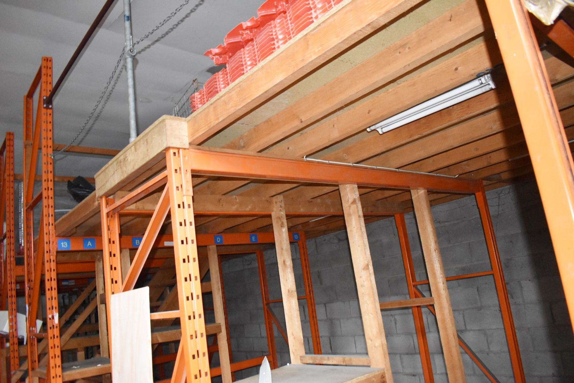 1 x Mezzanine Floor Construction of Steel Racking and Timber - Includes Staircase - Size: W11m x D3m - Image 8 of 18