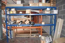 1 x Bay Of Warehouse Shelving In Blue With Contents Including Boxed Boiler Parts, Pipes & Sand Bags