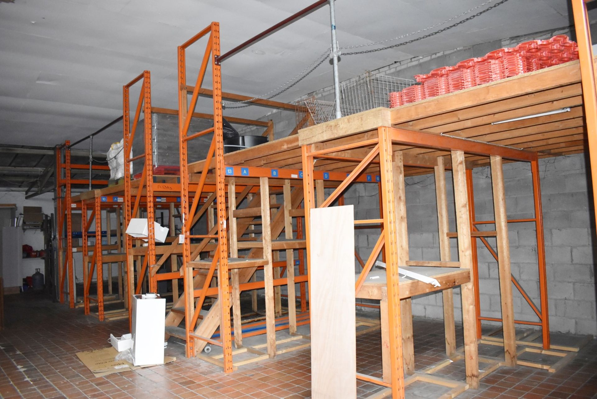 1 x Mezzanine Floor Construction of Steel Racking and Timber - Includes Staircase - Size: W11m x D3m - Image 7 of 18