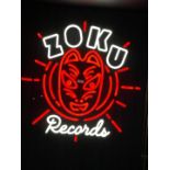 1 x RED NEON Illuminated Wall Sign ZOKU RECORDS Mounted on a Black Wooden Wall Panel