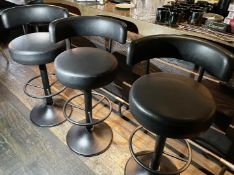 3 x Tall Rotating Bar Stools Featuring Dark Metal Bases With Footrests and Voluptuous Stitched