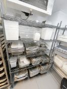 1 x Five Tier Wire Shelving Unit with Contents Including Stainless Steel Food Trays and Gastro