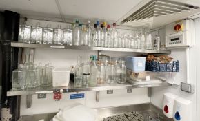 2 x Wall Mounted Stainless Steel Shelves with Contents - 165cm Wide - Includes a Variety of Glasses