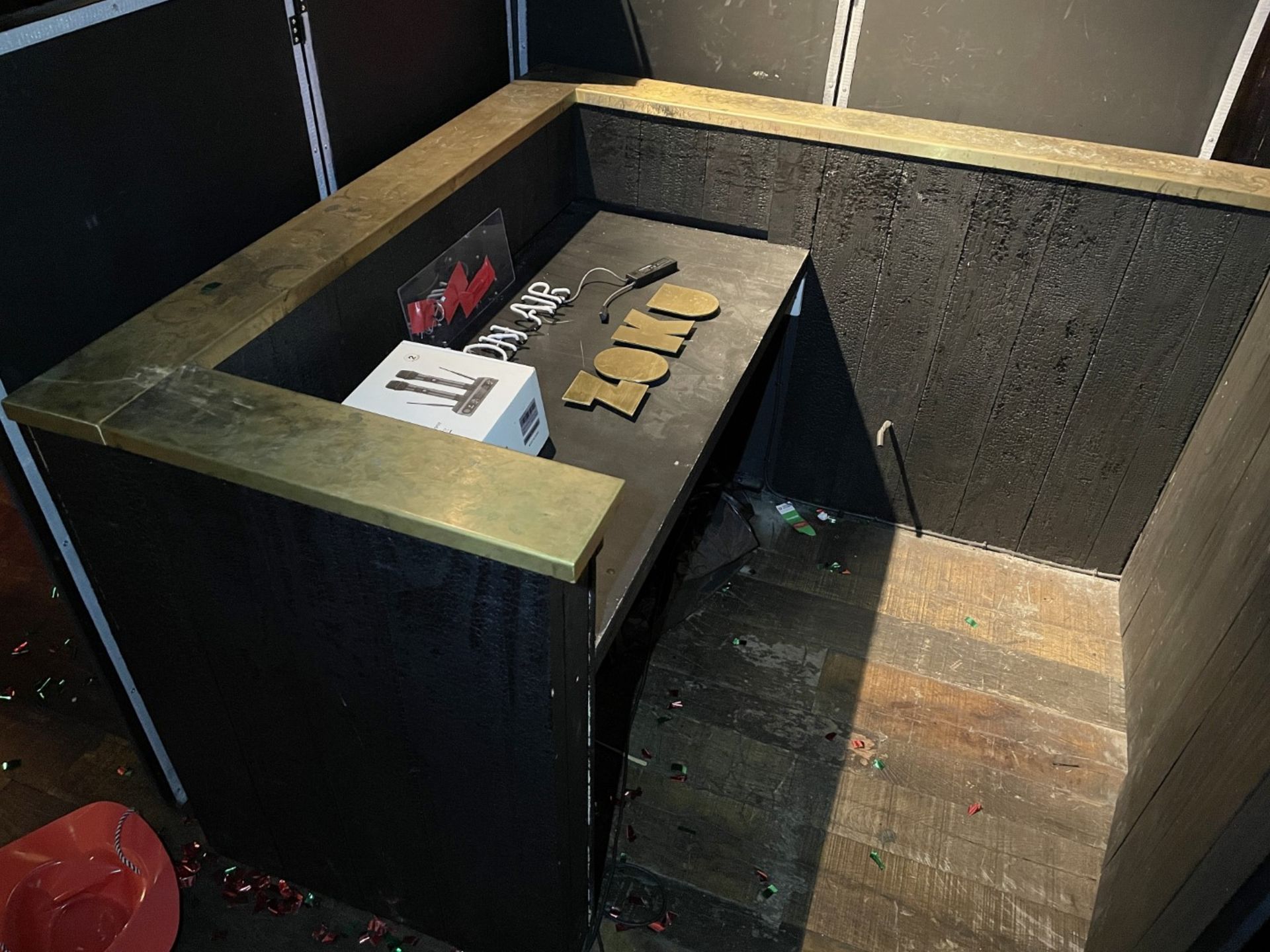 1 x Bespoke DJ Booth Area With a Burnt Charcoal Wood Finish and a Brass Counter Surround - Image 3 of 13