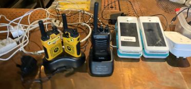 1 x Assorted Collection of Items Including Dojo Card Readers, Walkie Talkies, Extension Sockets