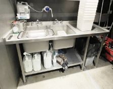 1 x Stainless Steel Twin Bowl Wash Station with Mixer Taps, Drainer, Undrshelf, Detergent