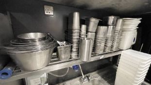 1 x Stainless Steel Wall Mounted Shelf with Contents Including Stainless Steel Bowls & Gastro Pans