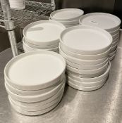 42 x Straight Sided Nested Ceramic Plates, 24 x Wine Glasses and 4 x Glass Pouring Pots