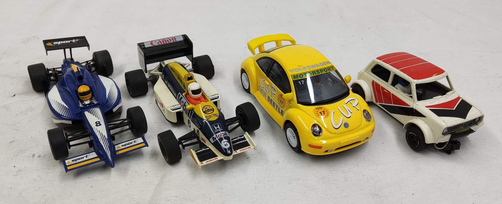 4 x Scalextric Cars Including VW Beetle, F1 Car, Open Wheeler and Mini Clubman 1275GT - Tested and