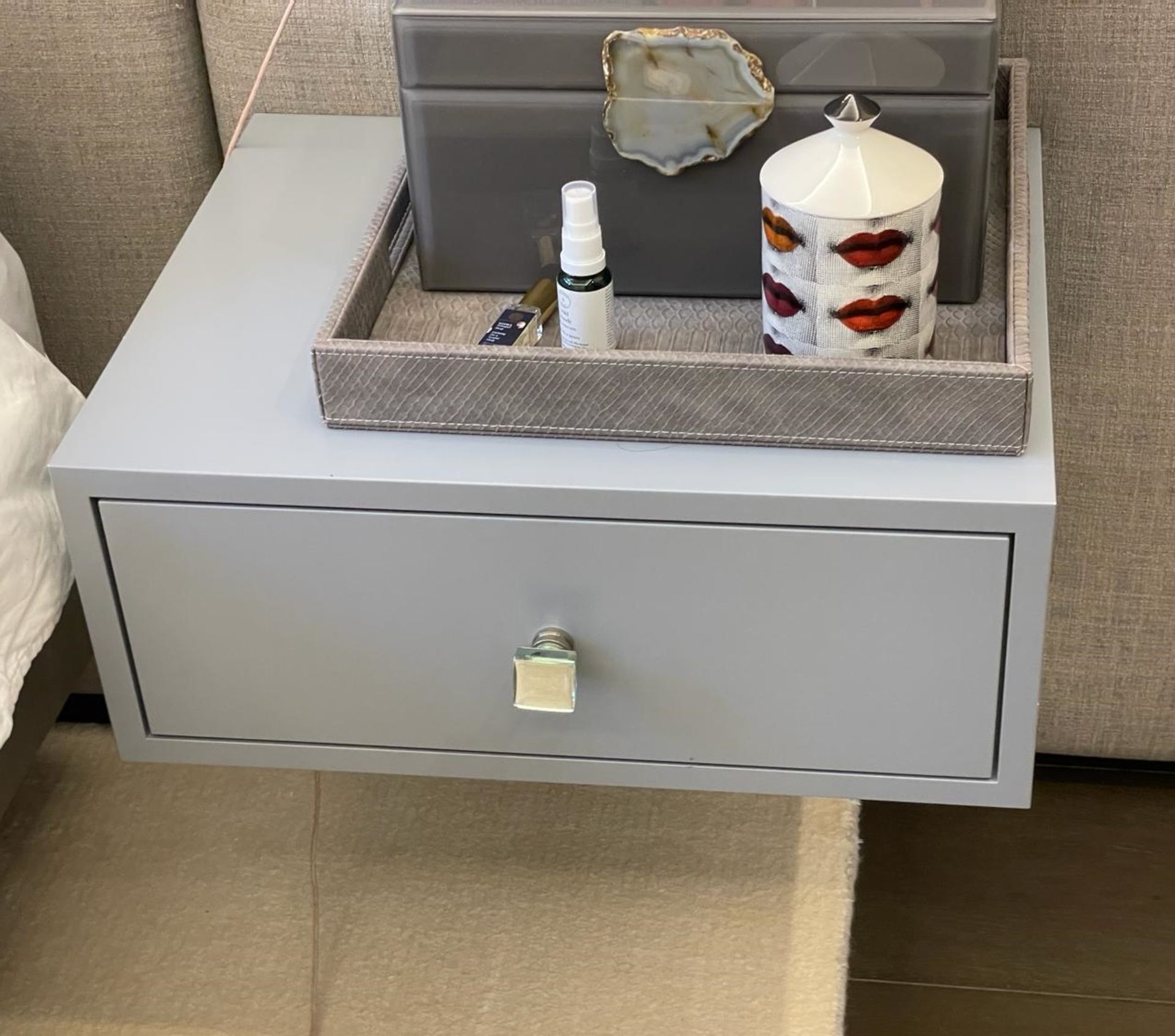 Pair of Stylish Wall Hung Bedside Drawers with a Grey Lacquer Finish and Glass Handles