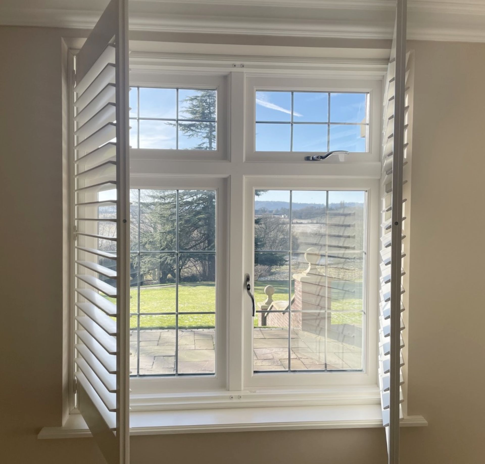 1 x Hardwood Timber Double Glazed Window Frames fitted with Shutter Blinds, In White - Ref: PAN105