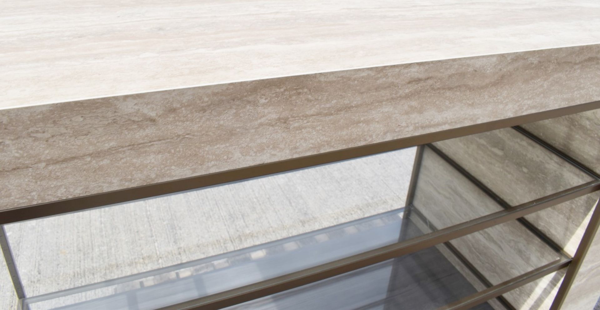 1 x 3-Tier Travertine Covered, Glass-Lined Shop Display with Metal Shelving and Wood-effect Base - Image 6 of 9